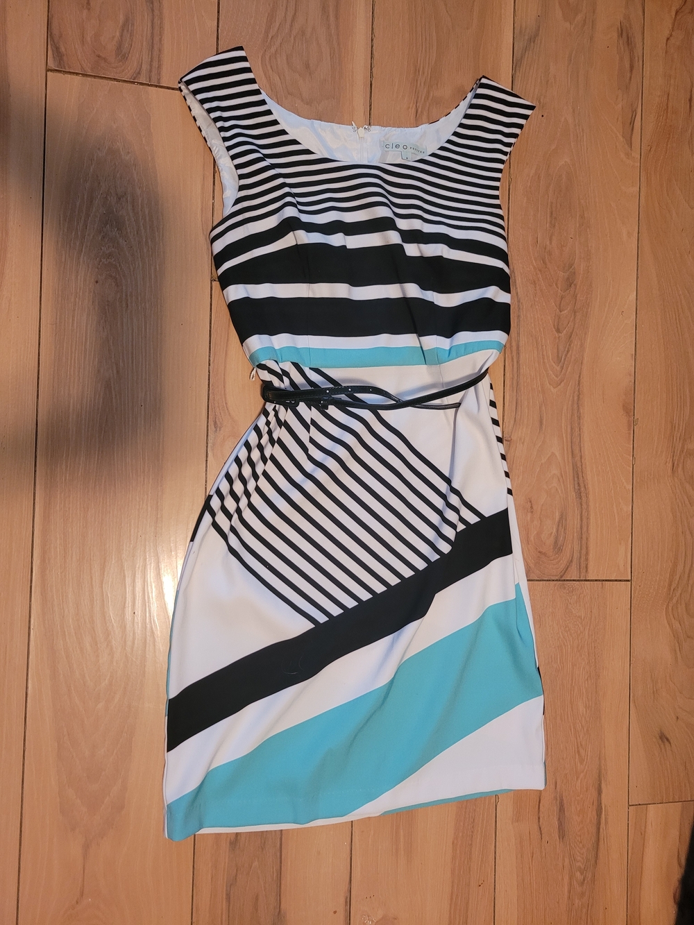 cleo Striped Midi Sheath Dress in Black, White & Aqua